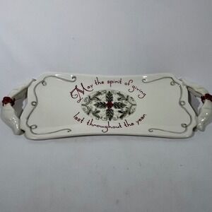 Amscan Ceramic Serving Tray Christmas Holly May‎ Spirit of Giving 15.5x5.5"